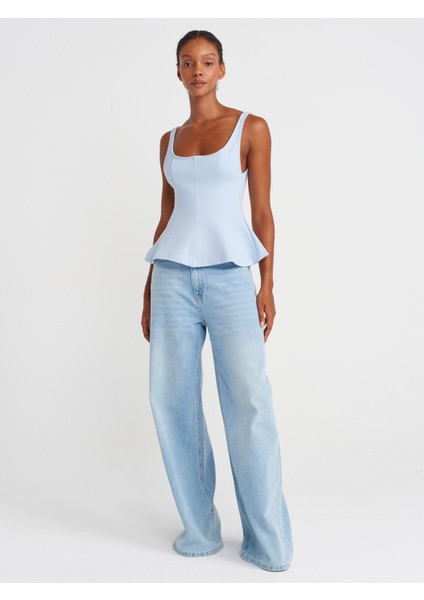 21063 Kalın Askılı Peplum Top-Açık Mavi fırsatları