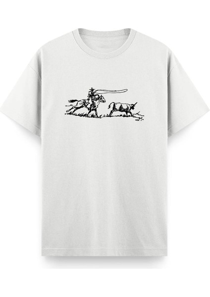 Cowboy Ön Baskılı Bisiklet Yaka Erkek Tshirt