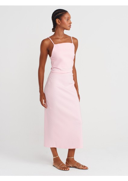 91479 Büzgülü Midi Elbise-Toz Pembe