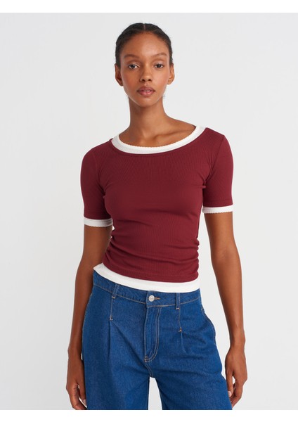 31942 Çift Katlı Büzgülü T-Shirt-Açık Bordo