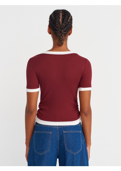 31942 Çift Katlı Büzgülü T-Shirt-Açık Bordo fiyatları