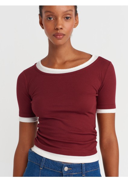 31942 Çift Katlı Büzgülü T-Shirt-Açık Bordo modelleri