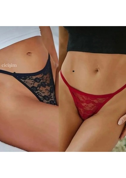 Dantelli Siyah Kırmızı 2'li String Tanga