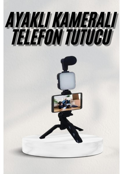 Telefon Tutucu LED Işıklı Kumandalı Mikrofon Telefon Vlog Video Kayıt
