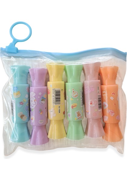 Mini Şeker 6’lı Fosforlu Kalem Seti – Renkli Pastel Highlighter + Şeffaf Çanta