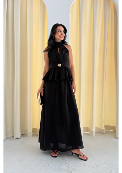 Siyah Halter Yaka Ponce Bluz Etek Takım