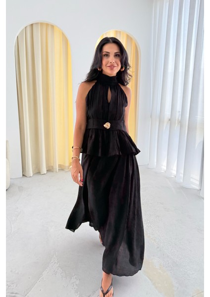 Siyah Halter Yaka Ponce Bluz Etek Takım modelleri