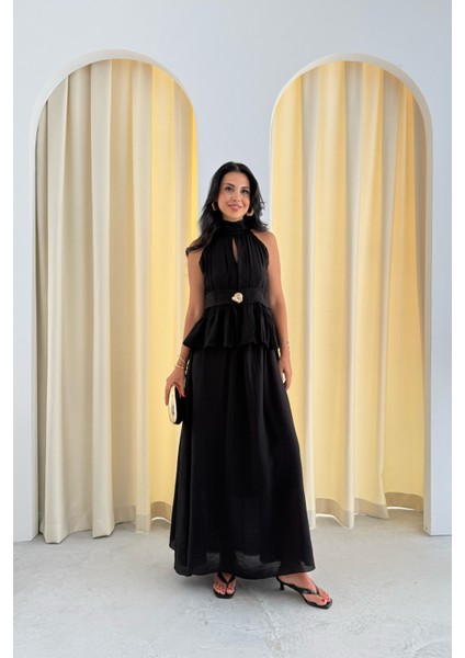 Siyah Halter Yaka Ponce Bluz Etek Takım fırsatları