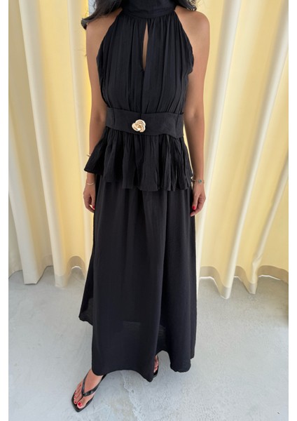 Siyah Halter Yaka Ponce Bluz Etek Takım indirimleri