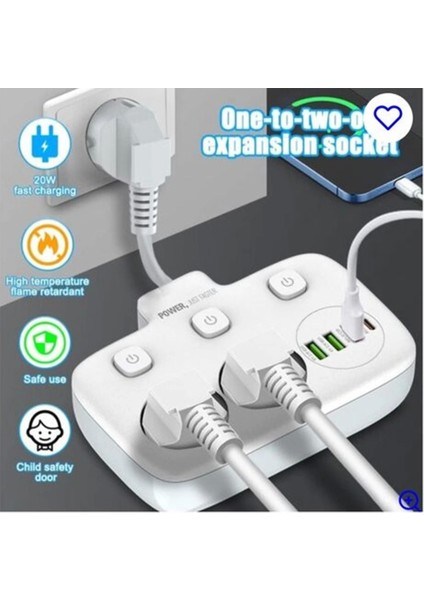 Akım Korumalı 2’li Ayrı Anahtarlı Priz, 2x Priz, 3x Usb, 1x Type-C, 2 mt Kablo, Hızlı Şarj