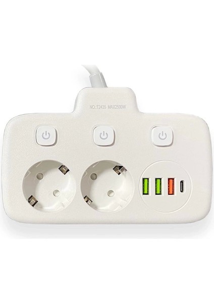 Akım Korumalı 2’li Ayrı Anahtarlı Priz, 2x Priz, 3x Usb, 1x Type-C, 2 mt Kablo, Hızlı Şarj modelleri