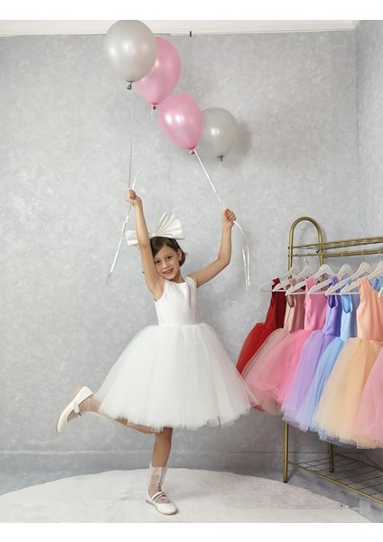 Kız Çocuk Abiye Elbise Ada Model , Beyaz Tütü Elbise