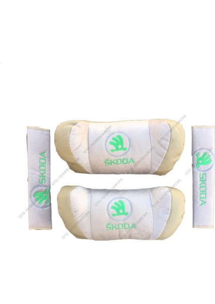 Skoda Nakisli Deri Arac Boyun Yastigi Seti Bej