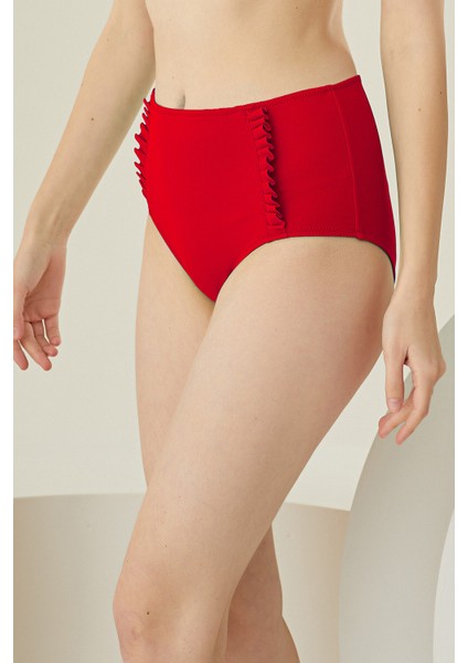 Kırmızı Yanları Fırfırlı Yüksel Bel Tek Alt Bikini fiyatları