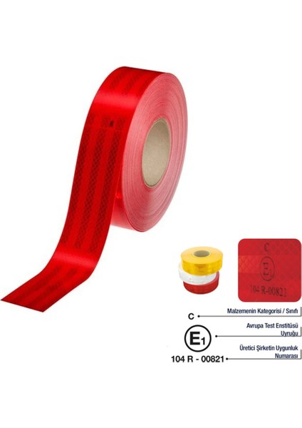 Prizmatik Reflektif Fosfor Serit Bant Reflektor E4 Onayli 5cm x 50 Metre Kirmizi