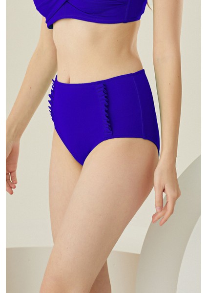 Saks Mavi Yanları Fırfırlı Yüksel Bel Tek Alt Bikini