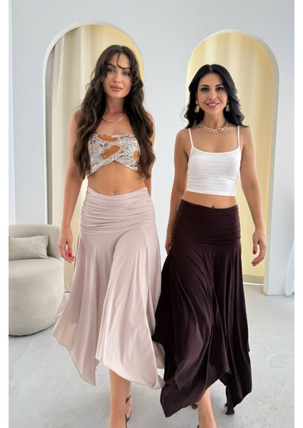 Büzgülü Asimetrik Kesim Bej Manolya Etek