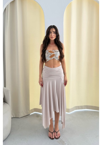 Büzgülü Asimetrik Kesim Bej Manolya Etek fiyatları