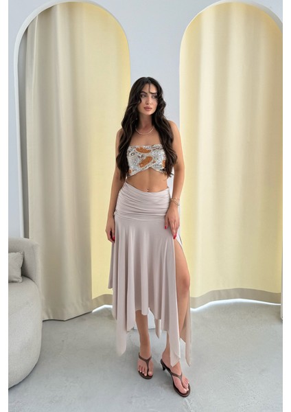 Büzgülü Asimetrik Kesim Bej Manolya Etek modelleri