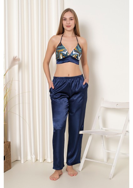 Lacivert Saten Büstiyer Gecelik Takım fiyatları