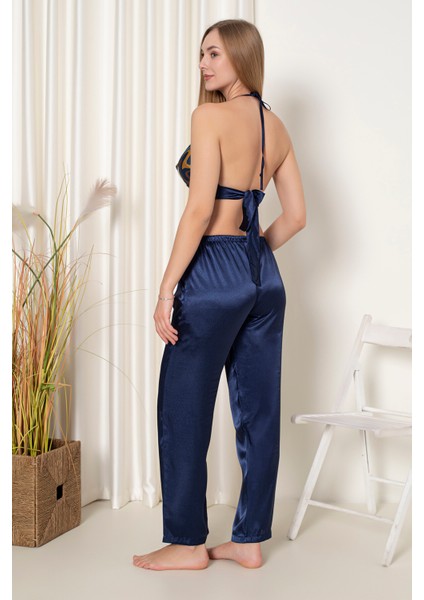 Lacivert Saten Büstiyer Gecelik Takım modelleri