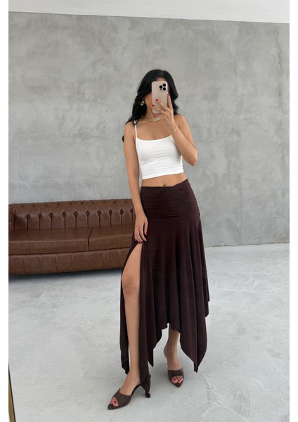 Büzgülü Asimetrik Kesim Kahve Manolya Etek