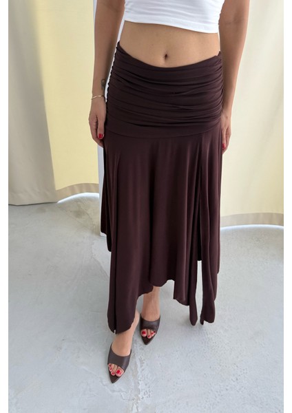 Büzgülü Asimetrik Kesim Kahve Manolya Etek fiyatları