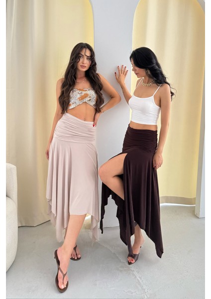 Büzgülü Asimetrik Kesim Kahve Manolya Etek modelleri