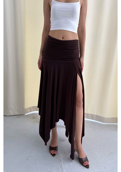 Büzgülü Asimetrik Kesim Kahve Manolya Etek indirimleri