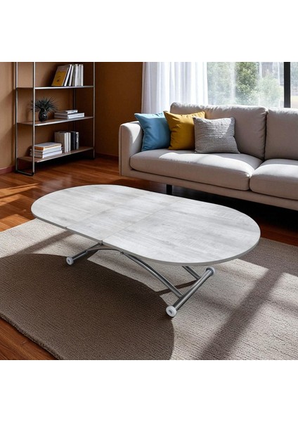 Ortadan Açılır Oval Akıllı Masa Mdf Tabla Krom Kaplama Ayaklı
