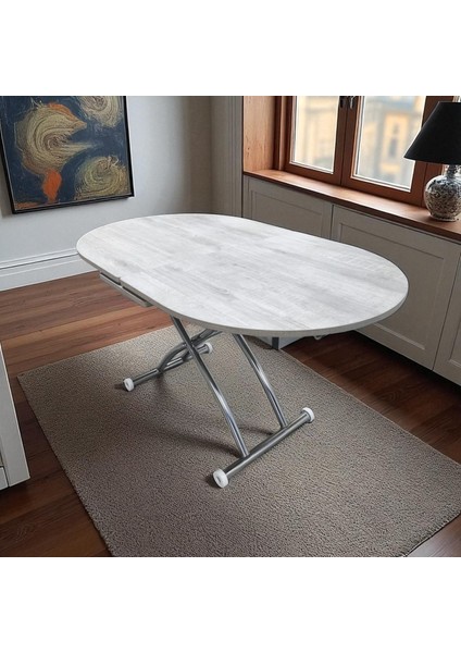Ortadan Açılır Oval Akıllı Masa Mdf Tabla Krom Kaplama Ayaklı
