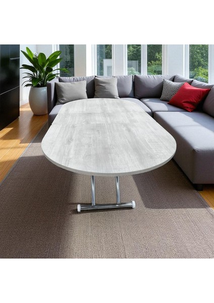 Ortadan Açılır Oval Akıllı Masa Mdf Tabla Krom Kaplama Ayaklı