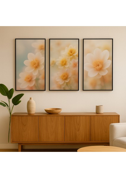 Pastel Çiçek Desenli 3'lü Mdf Duvar Tablosu Seti – Uv Baskılı Modern Dekor – 3 mm Ahşap