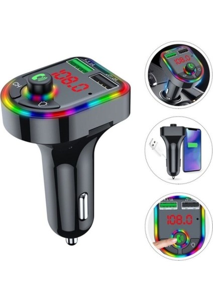 Car F6 Rgb Bluetooth Arac Kiti Fm Transmitter Qc 3 1A Type C USB Sarj 12 24V