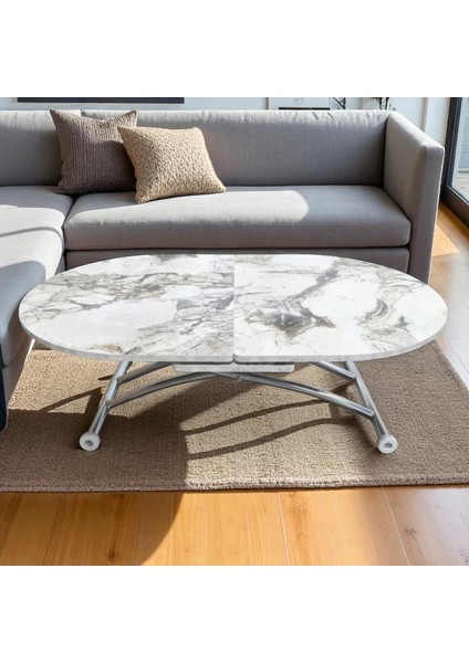 Ortadan Açılır Oval Akıllı Masa Mdf Tabla Krom Kaplama Ayaklı