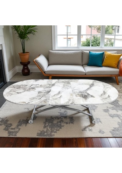 Ortadan Açılır Oval Akıllı Masa Mdf Tabla Krom Kaplama Ayaklı