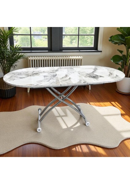 Ortadan Açılır Oval Akıllı Masa Mdf Tabla Krom Kaplama Ayaklı