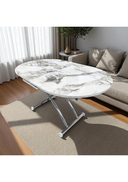 Ortadan Açılır Oval Akıllı Masa Mdf Tabla Krom Kaplama Ayaklı