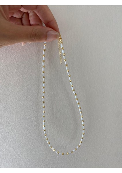 Beyaz Gold Top Boncuk Yaz Kolye modelleri