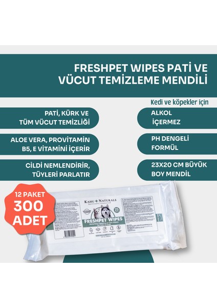 Pati ve Tüy, Vücut Temizleme ve Hijyen Mendili, Kedi ve Köpek, 12 Paket (300 Adet)