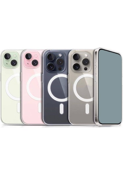 Apple iPhone 15 Plus Kılıf Magsafe Şarj Özellikli Şeffaf Sert Pc Vlmr Embos Kapak-Renksiz indirimleri