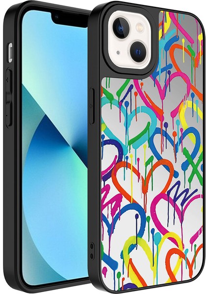 iPhone 13 Uyumlu Aynalı Desenli Kamera Korumalı Parlak Vlmr Mirror Kapak-Kalp