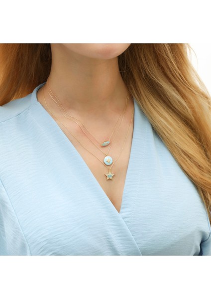 14 Ayar Altın Baget Mavi Taşlı Yıldız Kolye indirimleri