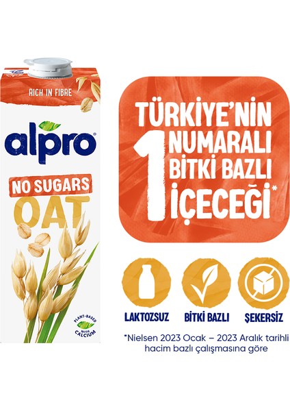 Şekersiz Yulaf Sütü 1 L Vegan Laktozsuz Bitkisel Bazlı