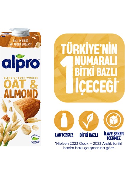 Yulaf Badem Sütü 1 L Vegan Laktozsuz Bitkisel Bazlı