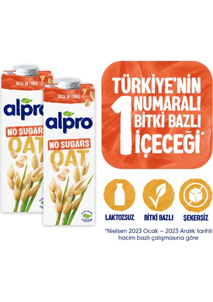 Şekersiz Yulaf Sütü 2x1 L Vegan Laktozsuz Bitkisel Bazlı