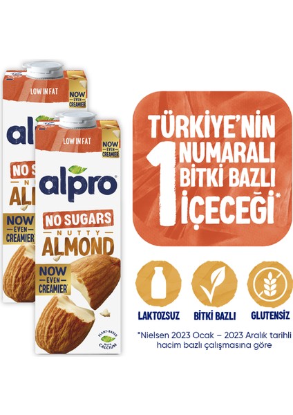 Şekersiz Badem Sütü 2x1 L Vegan Laktozsuz Bitkisel Bazlı