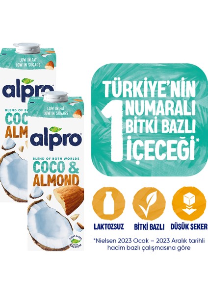 Hindistan Cevizi Badem Sütü 2x1 L Vegan Laktozsuz Bitkisel Bazlı