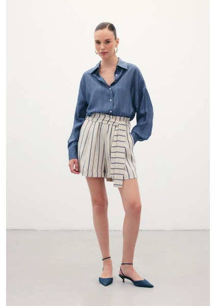 Çizgili Keten Şort - Lacivert