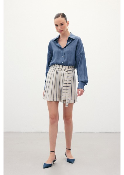Çizgili Keten Şort - Lacivert fiyatları